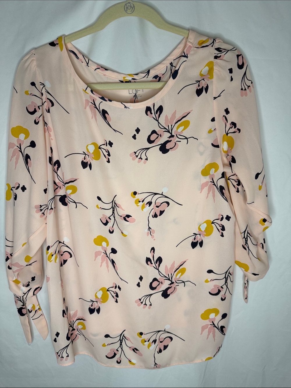 LOFT Mixed Media Blush Floral Tie-Sleeve Blouse